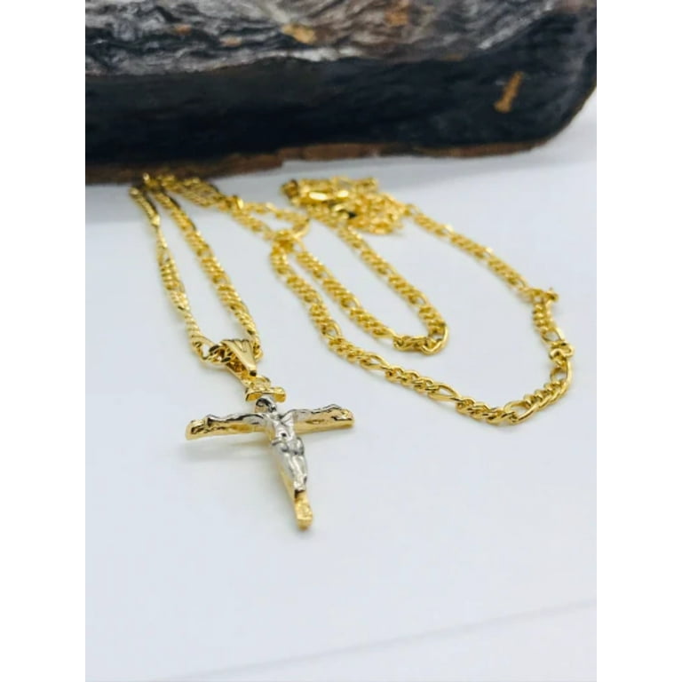 14K Gold Filled Cross Necklace 20” Figaro Link For Men Women 33x18mm /  Cadena Figaro Link Y Dije de Cruz Para Hombre / Crucifix Necklace / Figaro