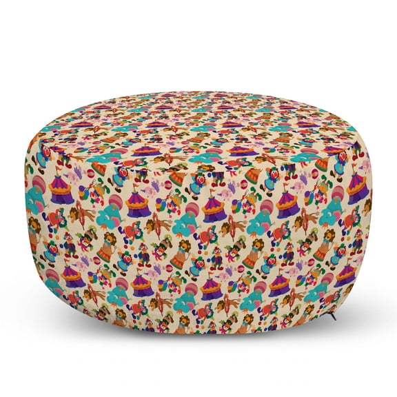 Circus Pouf Cover with Zipper, Comic Cartoon Pattern of Festival Carnival Elements as Tent Clown Dog Ring Ball, Soft Decorative Fabric Unstuffed Case, 30" W X 17.3" L, Multicolor, by Ambesonne