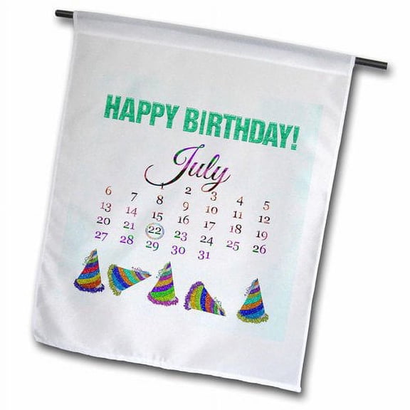 3dRose, Birthday on July 22nd, Glitter Look Happy Birthday and Colorful Hats, 12 x 18 inch Garden Flag