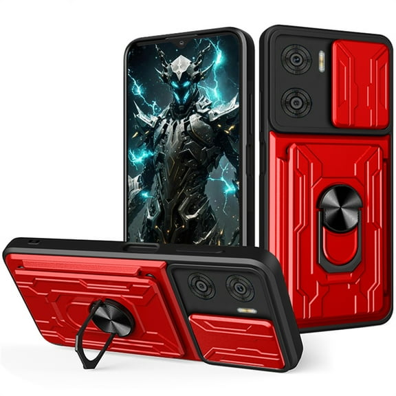 CCSmall for Motorola Moto E22 4G Case with Slide Camera Cover, Heavy Duty Protective with Ring Kickstand & Card Holder Cell Phone Case for Motorola E22 4G /E22i 4G LJK Red