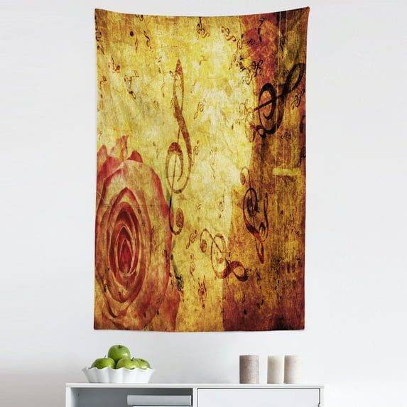 Rose Tapestry, Old Fashioned Design a Big Flower and Treble Clefs Music Notes Harmonical Concept, Fabric Wall Hanging Decor for Bedroom Living Room Dorm, 5 Sizes, Cream Red, by Ambesonne