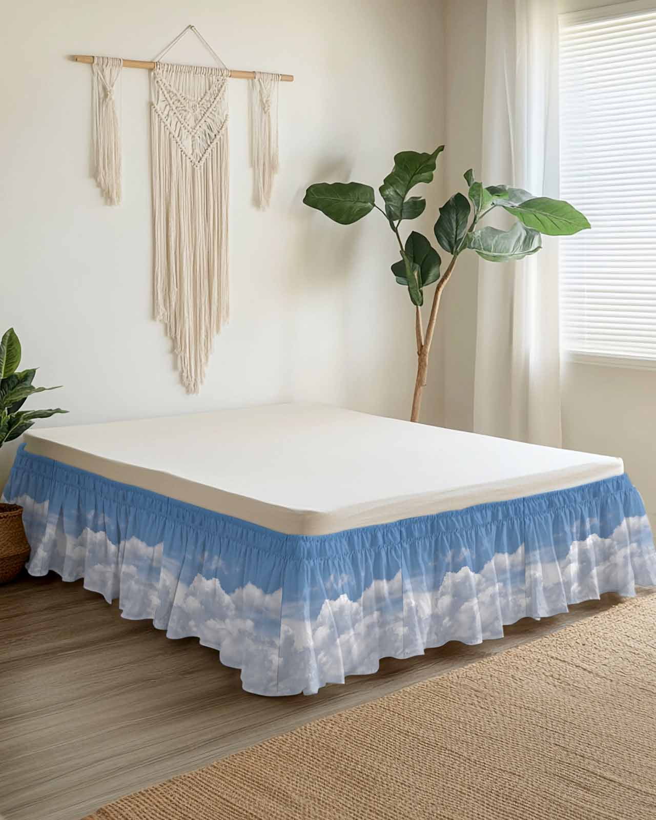 Sunny Clouds Bed Skirt White Gradient Sky Bed Skirts King Size 18 Inch Drop, Wrap Around Dust Ruffle&nbsp;Bedskirt with Adjustable Elastic Belt for Queen Size Beds