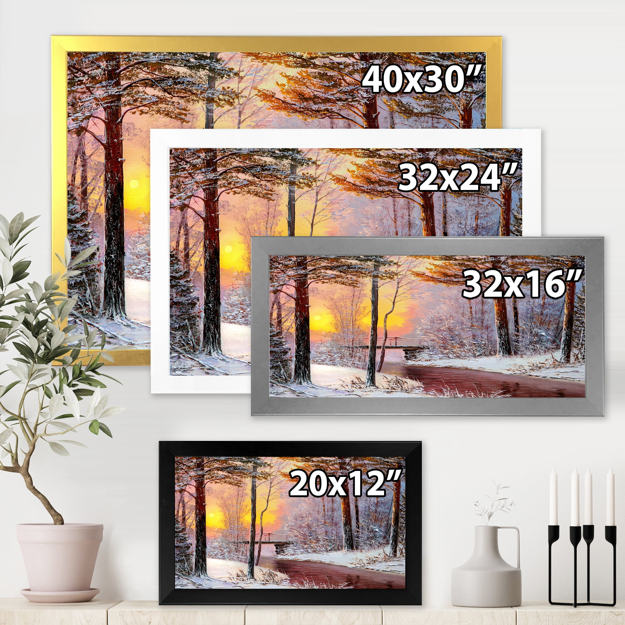 Designart 'Christmas Forest With Trees and River IV' Traditional Framed Art Print