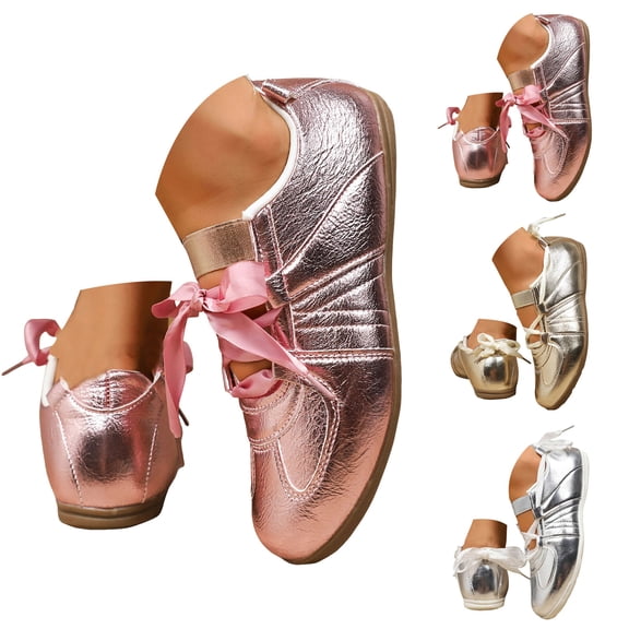 Pandaie Women's Ballet Sneakers Lace up Metallic Leather Tennis Shoes Lightweight Low Top Mary Jane Arch Support Casual Walking Flats Gold Size 6