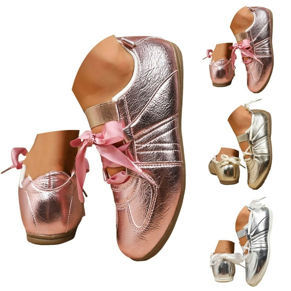 Pandaie Women's Slip on Ballet Flats Lace up Bowknot Rhinestone Leather Dance Shoes Soft Sole Walking Dressy Casual Sneakers Gold 6