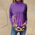 thumbnail image 2 of Mardi Gras Shirts Womens Mask Print Feathers Print Mock Neck Blouse Sequins Long Sleeve Holiday T Shirts Light Purple L, 2 of 6