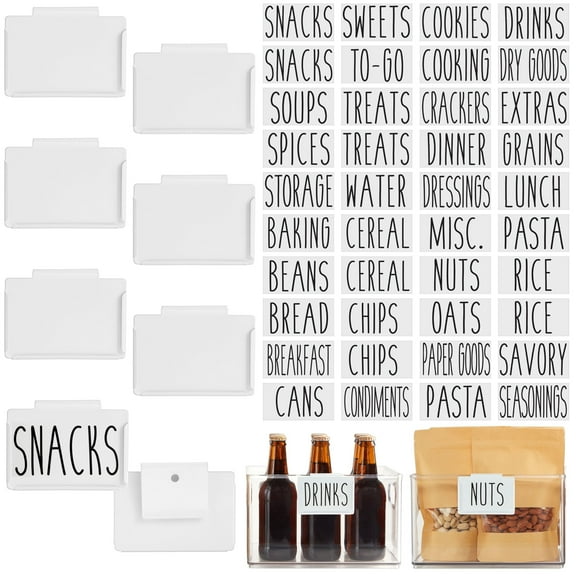 Talented Kitchen Storage Bin & Pantry Labels with Clip-On Holders - 3.5 x 2.5 in White Metal, 8 Clips & 40 Vinyl Tags - Kitchen Shelf Labels