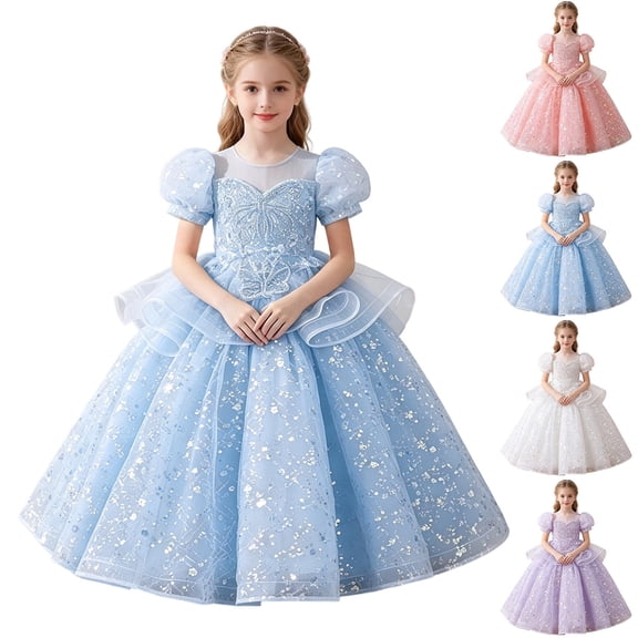AHTJRT Girls Sequin Sheer Dress Bubble Sleeve Butterfly Cute A-Line Dresses Wedding Bridesmaid Princess Pageant Gowns Purple 13-14 Years