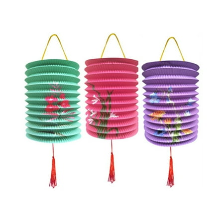 

3pcs Children Portable Organ Lanterns Traditional Chinese Lanterns Colorful Printing Hanging Pendant for Home (Flower and Bird Style Green + Rosy + Purple)