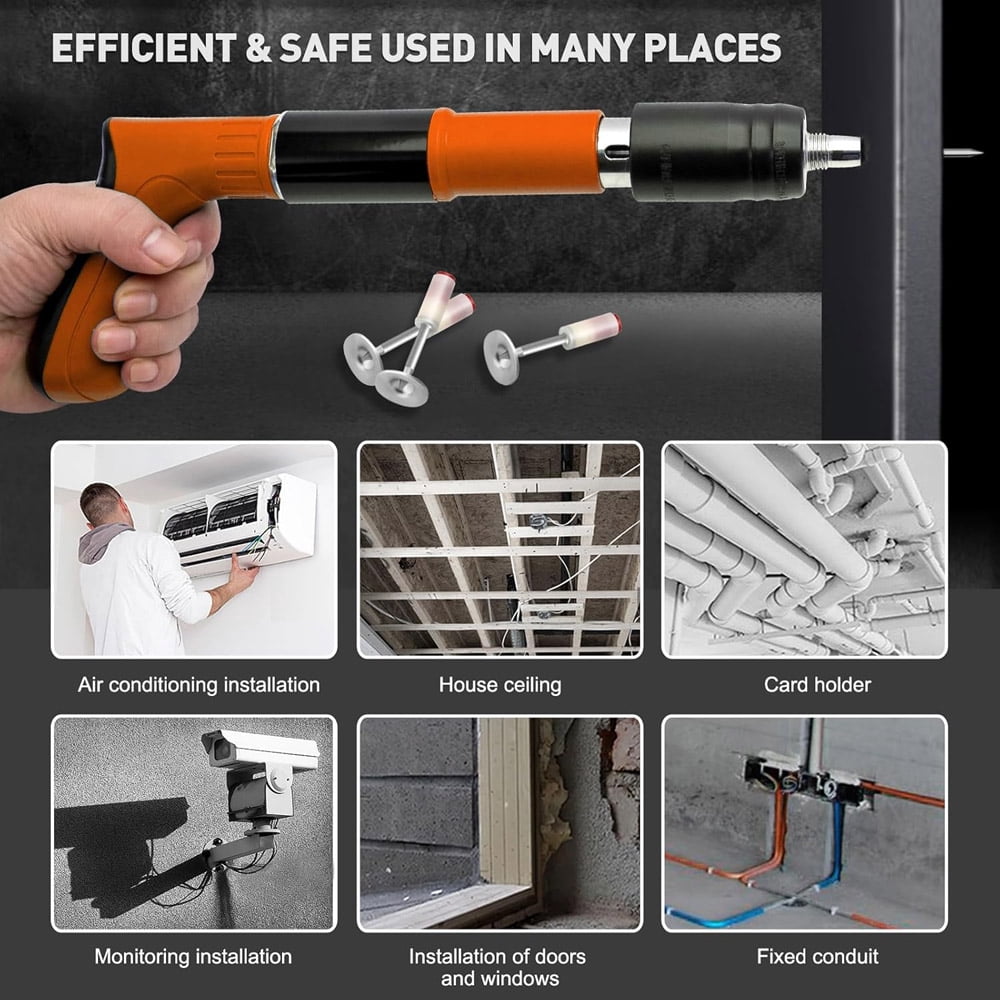 Powerful Concrete Nail Gun Air Nailer Tool with 50PCS Round Nails for Wall Fastening, Heavy Duty Air-Powered Concrete, Brick, Masonry Framing, Flooring and Construction Projects
