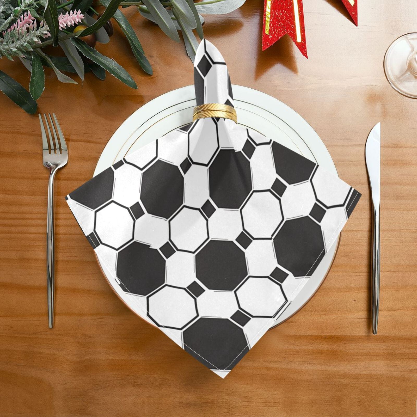 JSTEL Soccer Football Grid Print Cloth Napkins Set of 6, 20x20 Inch Washable and Reusable Napkin for Decoupage Dinner Party Everyday Use