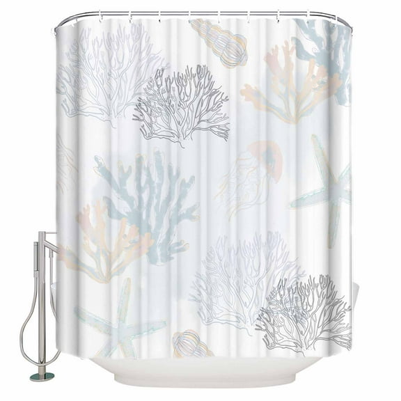 Fabric Shower Curtain, Ocean Starfish Jellyfish Coral Hand Painting Shower Curtains with 12 Hooks Waterproof Machine Washable Bath Curtains for Bathroom, 54 x 78in