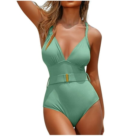Virmaxy Women s Solid Color One-piece Swimsuit Without Steel Sexy Backless Strappy Tankini Camisole Waist Cinching Swimwear With Bra Padded for Pool Party Vacation Light Blue-3 S