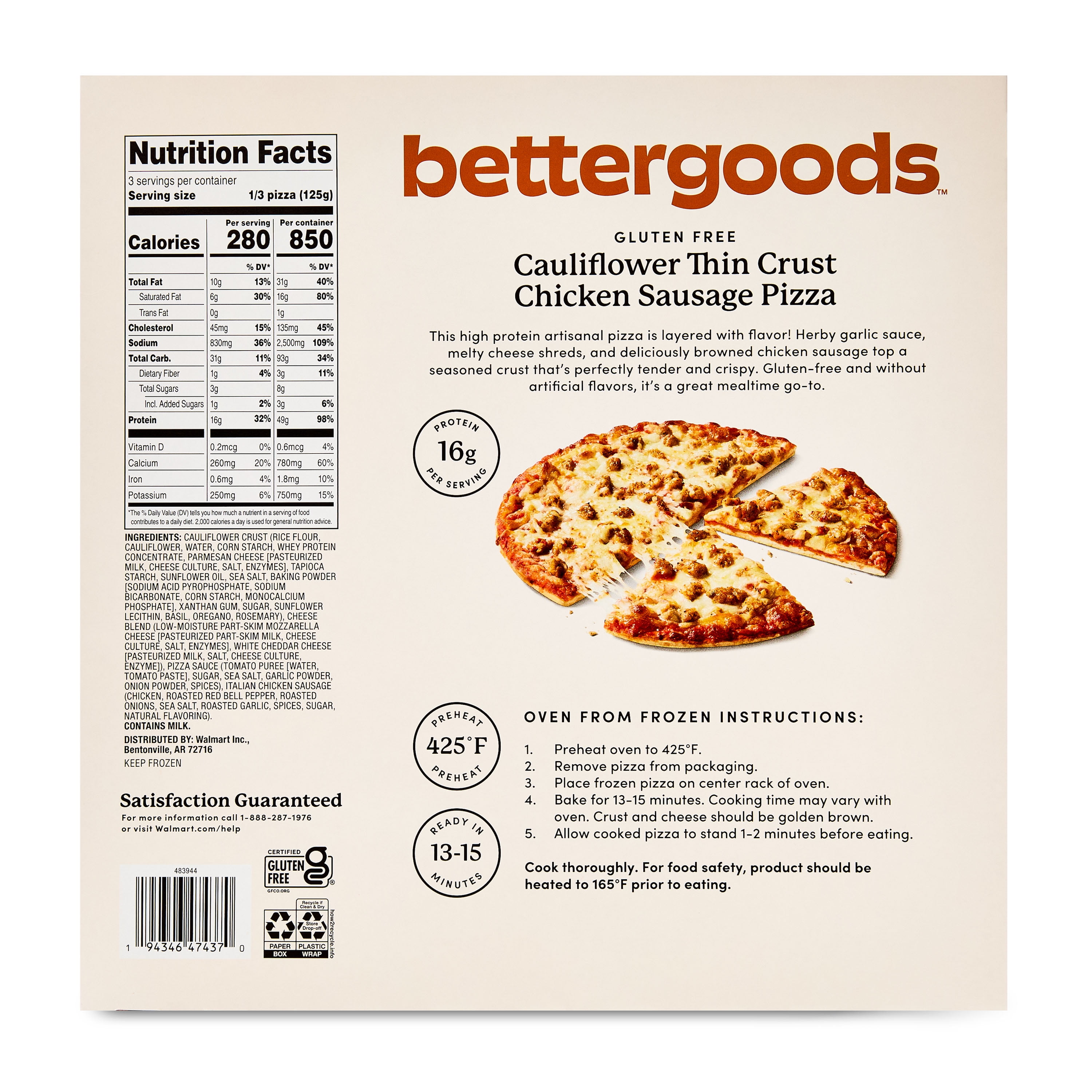 bettergoods Gluten-Free Cauliflower Thin Crust Chicken Sausage Pizza, 13.2 oz (Frozen)