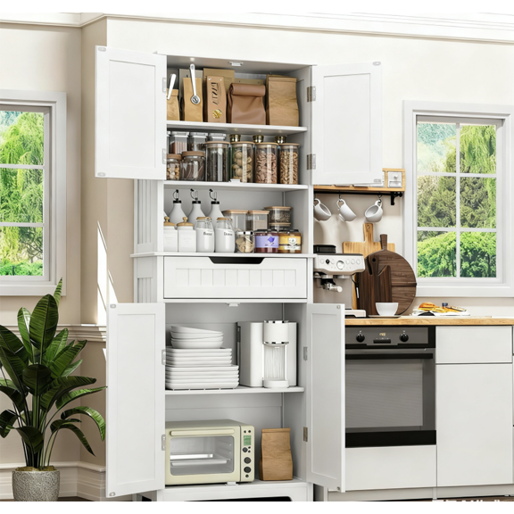 Winkalon 67" Kitchen Pantry Storage Cabinet with 4 Barn Doors & 2 Adjustable Shelves & 1 Drawer for Dining Room, Living Room,White