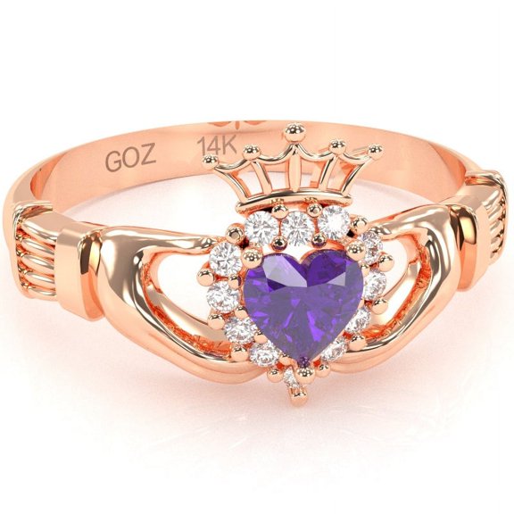 Claddagh Amethyst Diamond Ring In Solid 14k Rose Gold