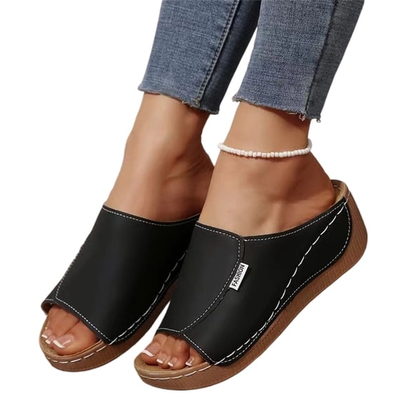 Norvail Womens Fashion Comfortable Breathable Platform Slides Wedge Sandals with Stitching Detail Casual Summer Mules Open Toe Arch Support