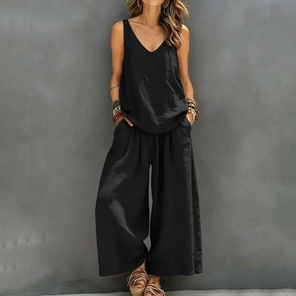 sdhkgrrt Women's 2 Piece Lounge Outfit V Neck Sleeveless Tank Matching Wide Leg Pants Loose Boho Vacation Casual Set Solid Travel Tracksuit Clothing, Black M