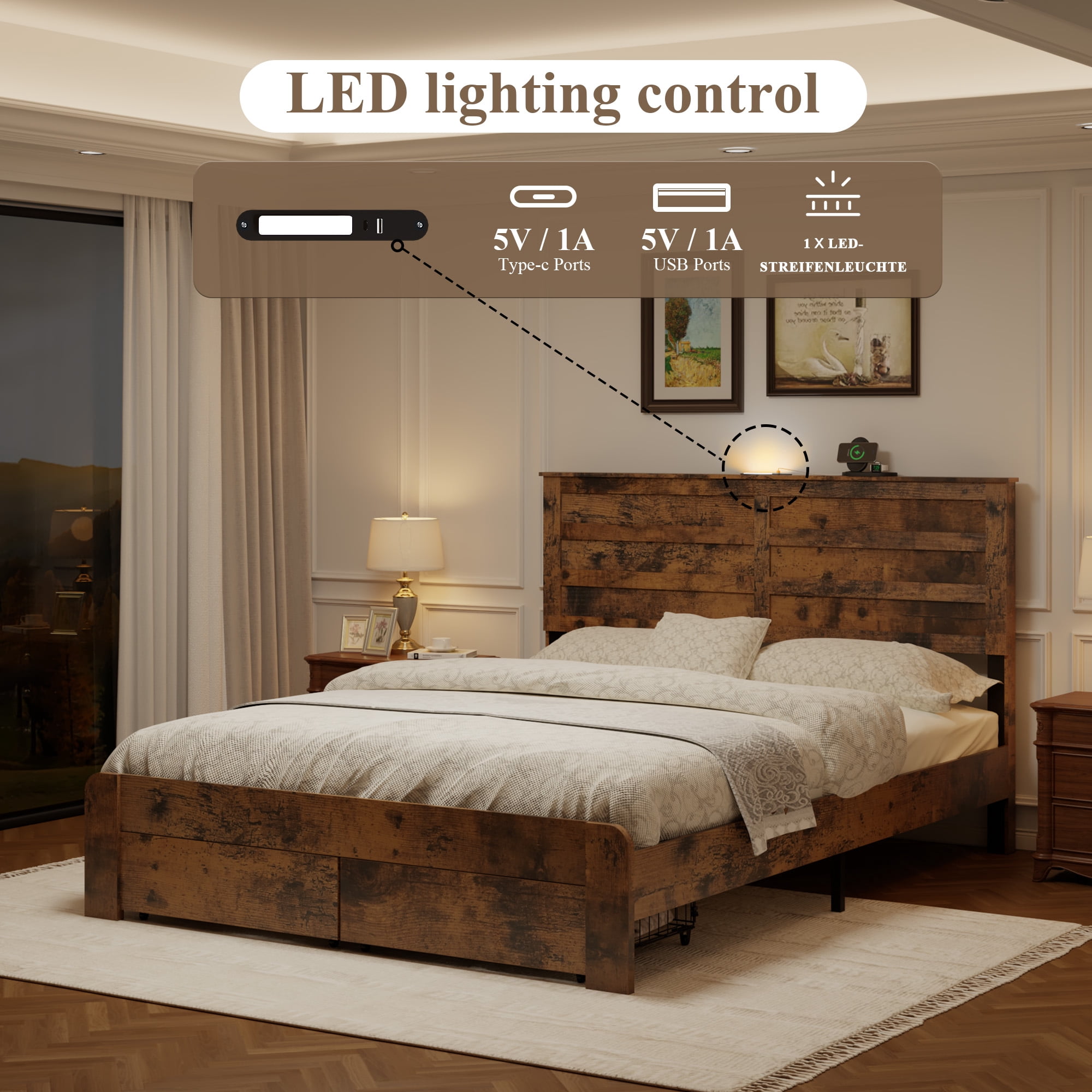Mintazer Farmhouse&nbsp;Queen Bed Frame with 2 Storage Drawers, Wooden Platform Bed with LED Headboard & Charging Station, No Box Spring Needed, Brown