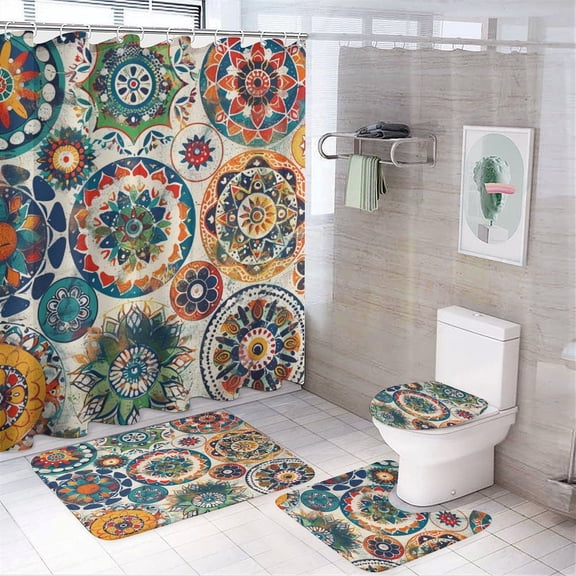 Shower Curtain 4 Piece Set Mandala Floral Flowers Bath Mat U-Shaped Floor Mat Toilet Lid Oval Rug Vintage Round Colorful Painting Farmhouse Bathroom Shower Set 72inch X 72inch