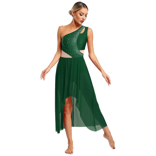 Manyakai Costume de Danse Lyrique pour Femmes une Épaule en Maille Découpée Tulle Robe Maxi Fluide Tenue de Danse Contemporaine Moderne Vert TG