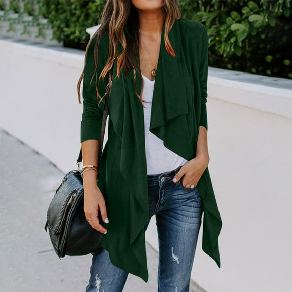 Guieoi Plus Size Jackets for Women Women's Solid Suede Long Sleeved Lapel Jacket Fashion Imitation Deer Velvet Cardigan Collar Fashion Outerwear Green