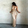 thumbnail image 3 of Womens Champagne Halter Neck Maxi Dress, Shiny Satin Cutout Evening Gown, 3 of 6