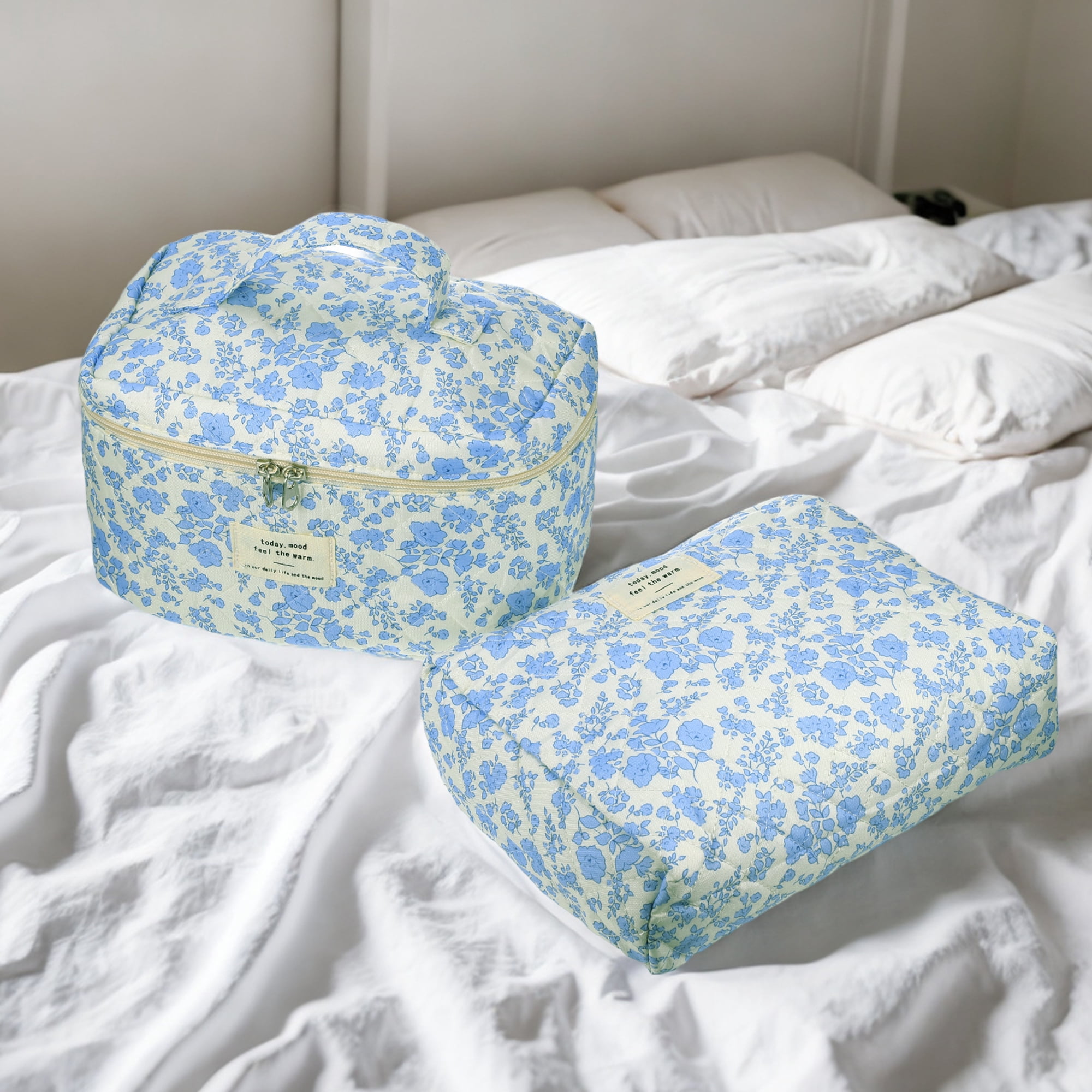 Unique Bargains 2Pcs Quilted Large Capacity Travel Storage Makeup Bag for C Blue