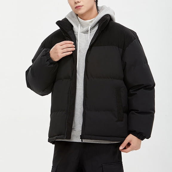 YueHuiYing Winter Jacket For Men Padded Stand Collar Long Sleeve Bubble Puffy Warm Streetwear Coat Outwear