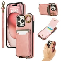 Wallet Back Case for iPhone 12/12 Pro with Wrist Strap, Stylish Magnetic Card Holder Finger Ring Kickstand PU Leather Lanyard Shockproof Slim Phone Case Cover for iPhone 12/12 Pro, Pink
