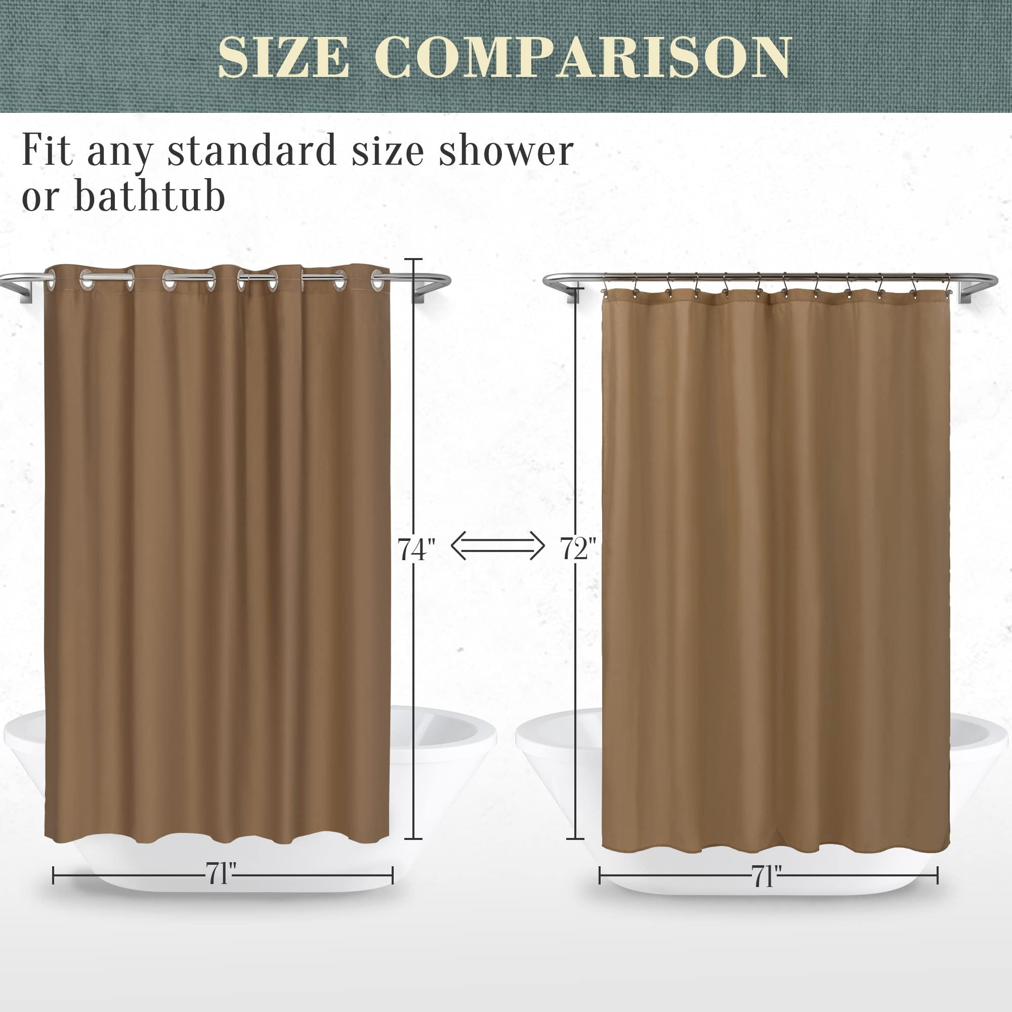 No Hook Peva Shower Curtain Or Liner - 8g Heavy Duty Brown Bathroom Hooks Required  Waterproof Plastic & Pvc Free Standard Size 71 X 74