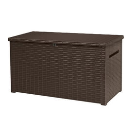 Keter Java Extra Large 230 Gallon Rattan Style Deck Box, Plastic Resin Outdoor Storage, Espresso Brown