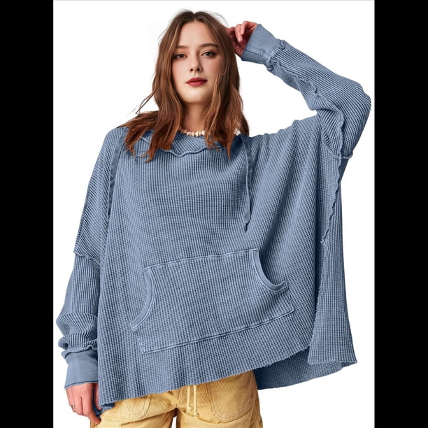 Sudadera con Capucha Extragrande para Mujer, Jersey con Mangas Murciélago y Cuello Redondo, Jersey con Diseño de Gofre Azul M