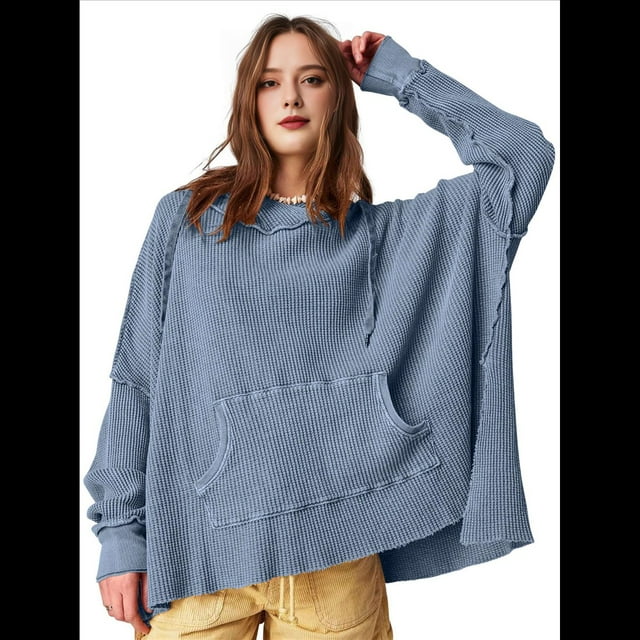 Sudadera con Capucha Extragrande para Mujer, Jersey con Mangas Murciélago y Cuello Redondo, Jersey con Diseño de Gofre Azul L