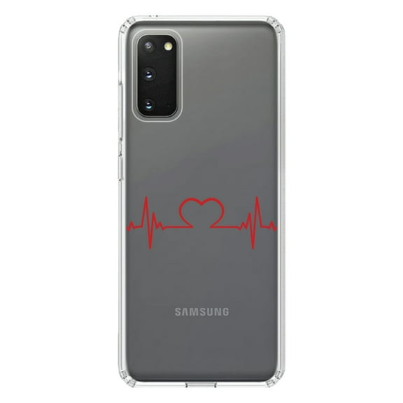DistinctInk Clear Shockproof Hybrid Case for Galaxy S20 PLUS / 5G (6.7" Screen) - TPU Bumper Acrylic Back Tempered Glass Screen Protector - Heart Pulse EKG Red Valentine