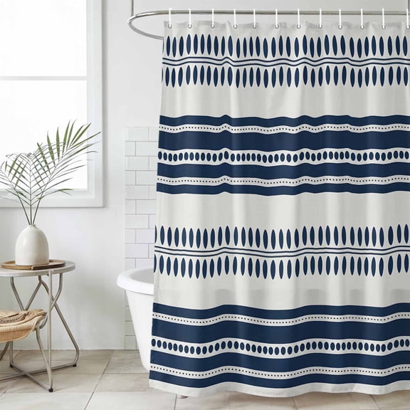 Navy Blue Striped Waterproof Fabric Shower Curtain,Farmhouse Geometric Stripe Waterproof Fabric Shower Curtain for Bathroom Curtains Bathtubs Hotel Shower Curtains with 12 Hooks Extra Long 72x84