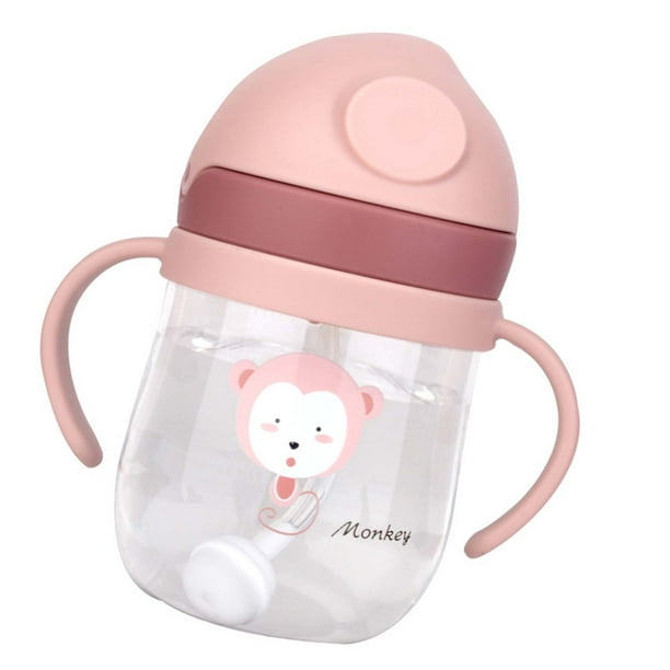 Vaso con pajita para bebé, 250 ml, a prueba de fugas, seguro, de plástico inodoro, sin decoloración, con escala, vaso con pajita para niños pequeños, para viajes en casa, color rosa