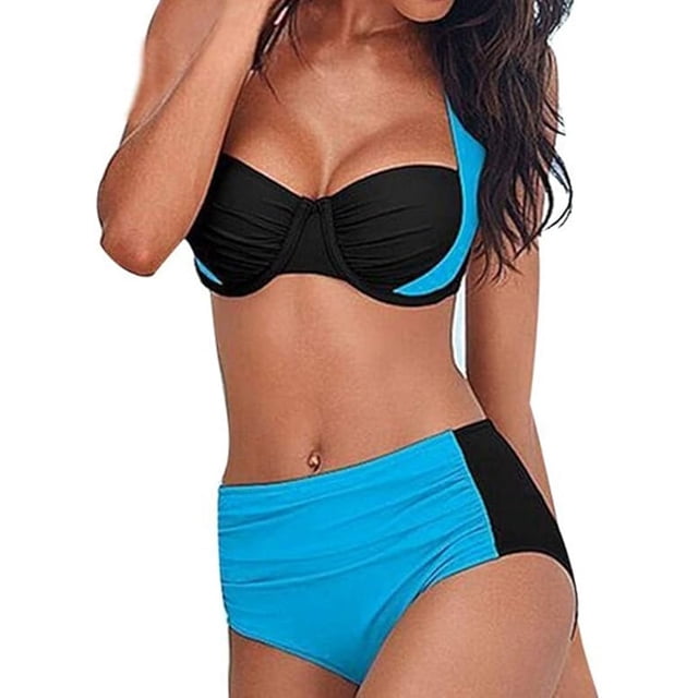 Traje de baño de bikini sexy para mujer, trajes de baño de cintura alta, traje de baño con cuello halter y push-up