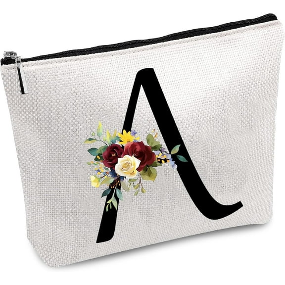 Letter A Makeup Bag Canvas Monogrammed Cosmetic Bag Multi Purpose Pen Case Zipper Toiletry Travel Bag Case Purse Pouches Portable Survival Kit for DIY Women Friends Teacher Gifts 10x7Inch