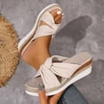 thumbnail image 3 of Womens Platform Wedge Sandals 2026 Summer Trendy Soft Leather Bowtie Open Toe Espadrilles Casual Heeled Slides Slip on Beach Shoes Beige Size 7, 3 of 5