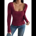 thumbnail image 3 of Camisas de Larga para Mujer, Cuello Cuadrado, Tops Cortos de Punto Acanalado, Conjuntos de Otoño, Ropa de Moda Vino Tinto M, 3 of 9