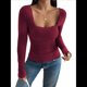 thumbnail image 3 of Camisas de Larga para Mujer, Cuello Cuadrado, Tops Cortos de Punto Acanalado, Conjuntos de Otoño, Ropa de Moda Vino Tinto S, 3 of 9