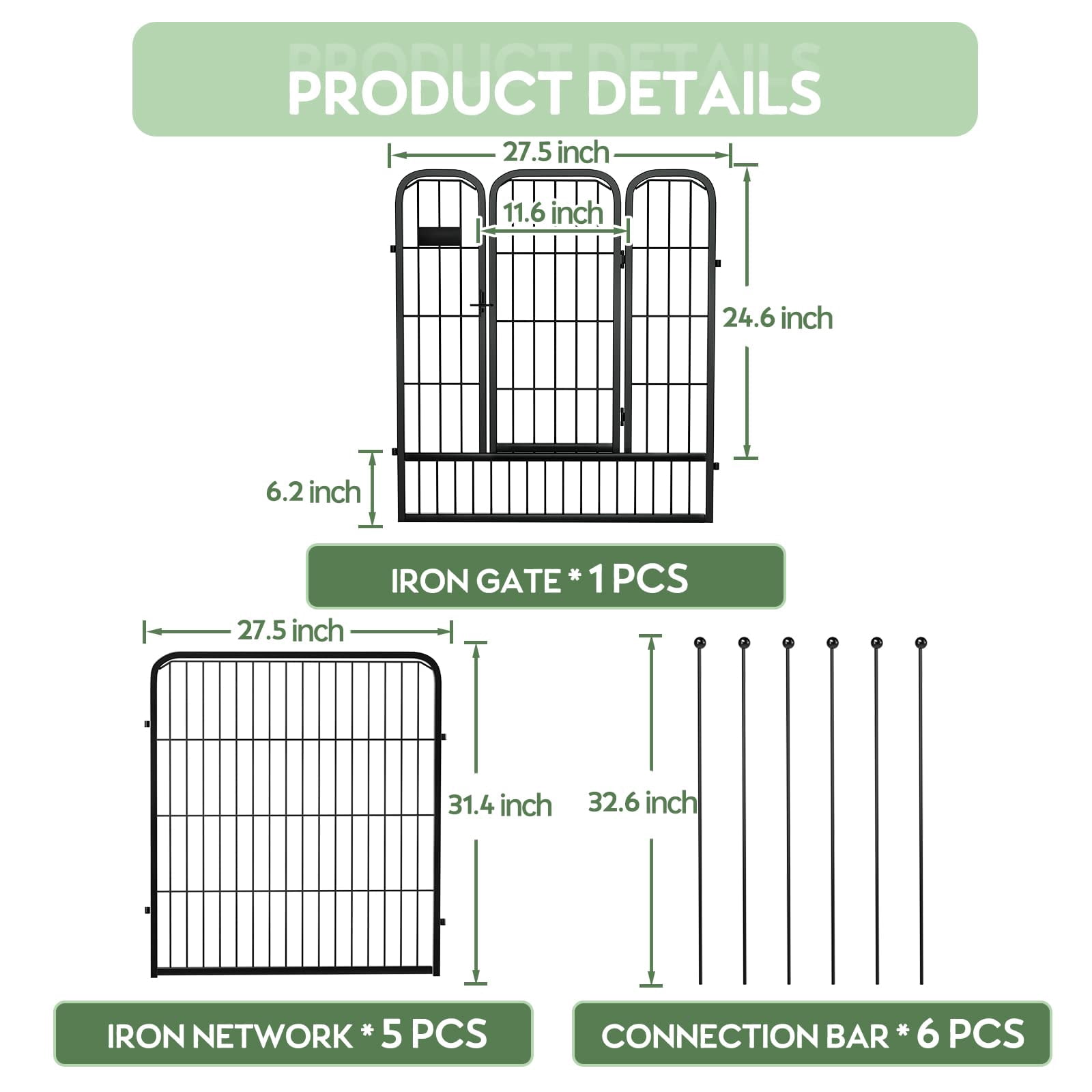 6Pcs/Set Garden Fence Pannels 31.5"(H)*27.6"(L) Animal Barrier with Door Black Iron Garden Border Edging for Yard Patio