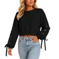thumbnail image 2 of SSZMDLB Women Long Sleeve Eyelet Cropped Hem Pullover Sweater Tunic Top Cute Casual Winter Fall Fashion Trendy Dressy Solid Knit Basic Clothes for Work, Black S, 2 of 9