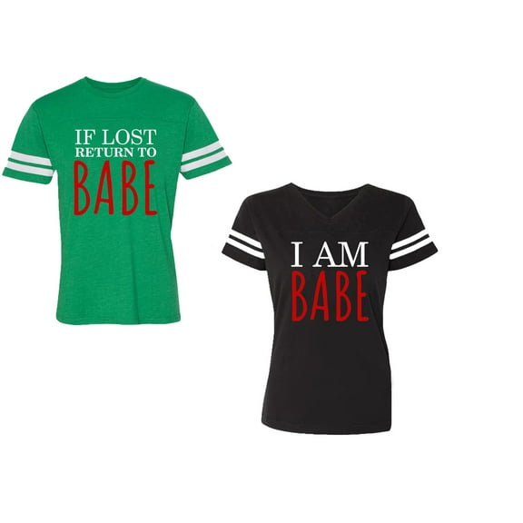 IF Lost Return To Babe I am Babe Unisex Couple Matching Cotton Jersey style T-Shirt Contrasting stripes on sleeves (Men Green / Women Black) (Men S / Women S)