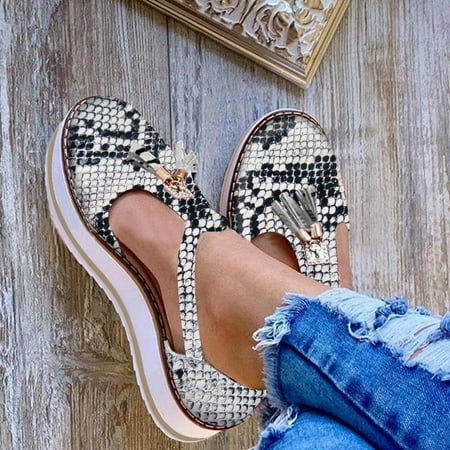 

ERTUTUYI Women s Tassel Round Toe Flat Pumps Thick Bottom Buckle Strap Casual Beach Shoes White 42