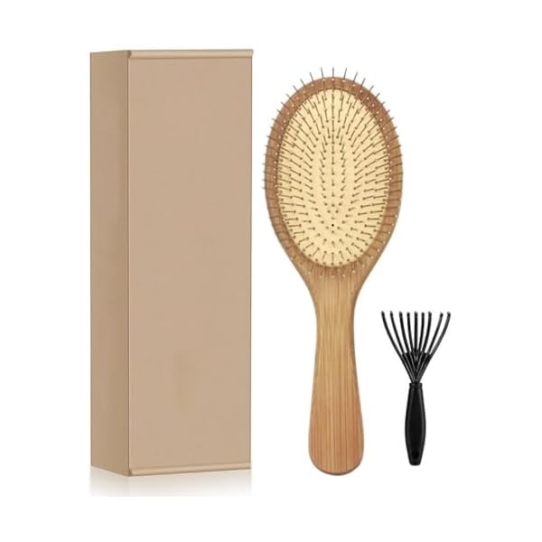 wonima11 Wooden Paddle Detangling Brush Metal Bristle Hair Brush for Women and Men, Anti-frizz Styling Hairbrush Comb for Curly Fine Wavy Normal Hair, Scalp Massage Brush, Wet or Dry Use