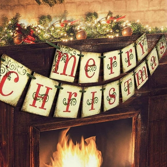 TETOU Merry Christmas Banner Vintage Xmas Decorations Indoor for Home Office Party Fireplace Mantle Decor