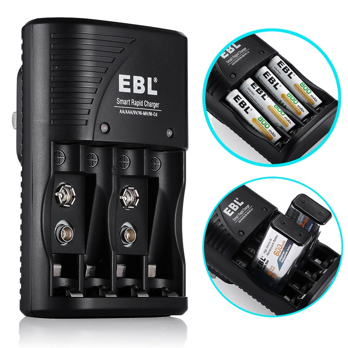 EBL 3 Pack 600mAh 9V Li-ion Rechargeable Batteries with Charger for AA AAA 9V Rechargeable Batteries Ni-MH Ni-CD Rechargeable Batteries