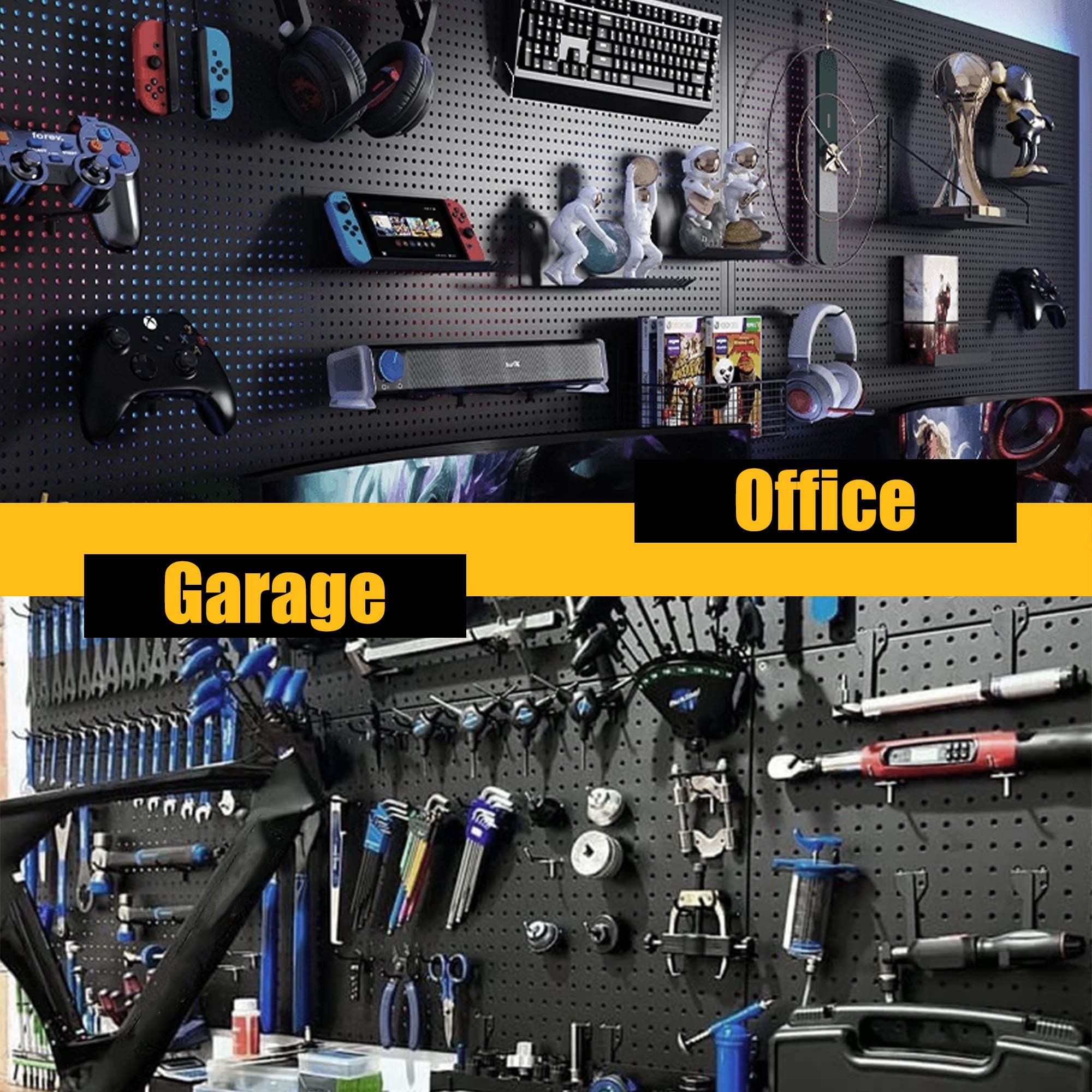 Peg Board, 4 Pack Metal Pegboard Panels with 50 Hooks, Black Pegboards Wall Organizer, Heavy Duty Peg Board for Walls Home, Garage Tool Storage, Office Organization, Craft Room, Kitchen